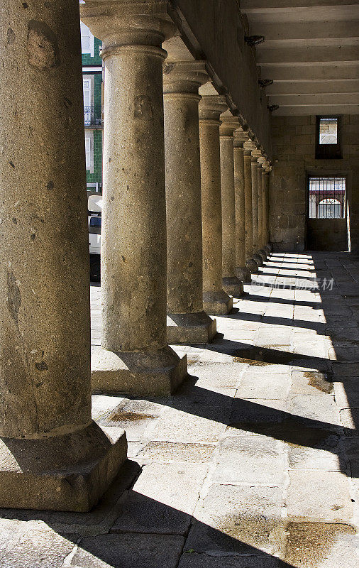 Row of columns in Largo do Paço, public town square in old town Braga, Portugal.